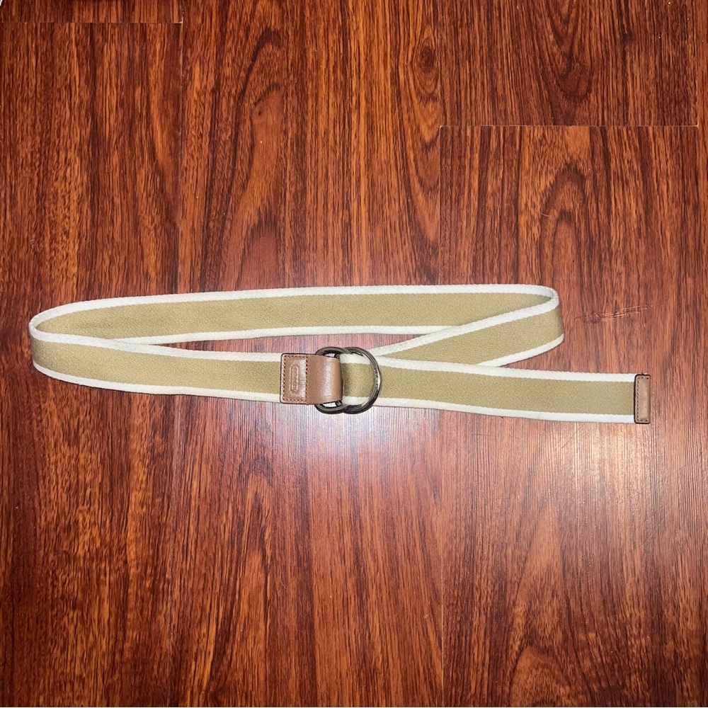 Coach Tan Canvas Belt with White Trim and Brown Leather Accents